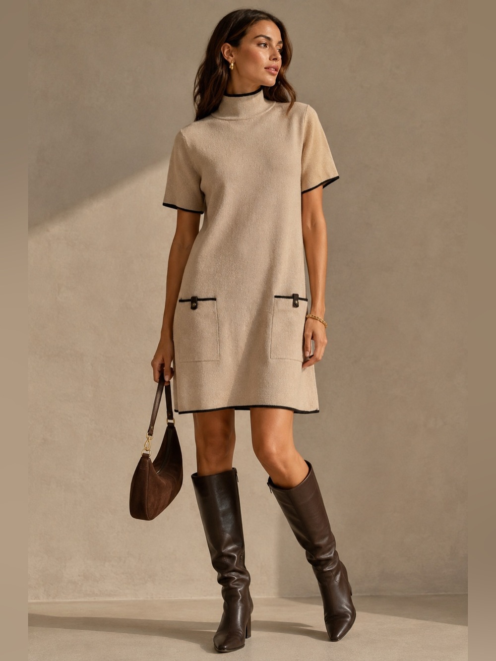 Anthropologie Maeve Old Money Sweater Dress Large Preppy Knit Mini Neutral